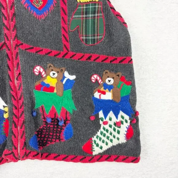 Vintage Holiday Grannycore Knit Zip Front Vest L Festive Ugly Christmas Sweater - Picture 5 of 13